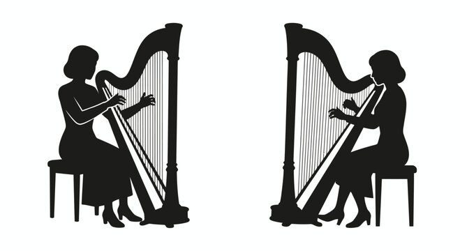 Harpist Silhouettes in Black Playing a Classical Instrument, Creating Elegant Musical Imagery for Design Needs.
