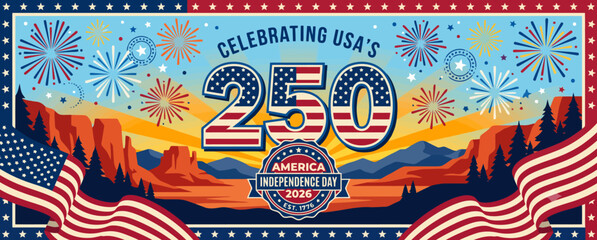 Fototapeta premium USA 250th Independence Day Celebration Banner with Fireworks and American Flags Vector for National Events, Patriotic Promotions & July 4th Marketing (EPS)