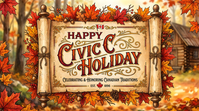 Happy civic holiday sign with autumn maple leaves and scroll