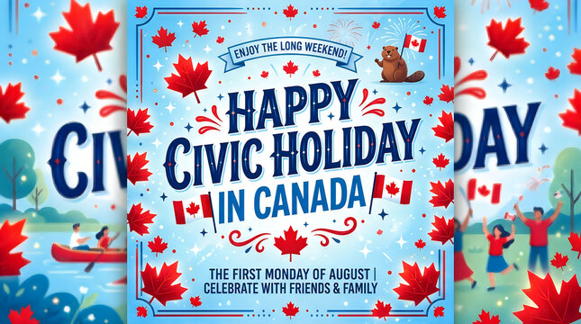 Happy civic holiday card design with red maple leaves