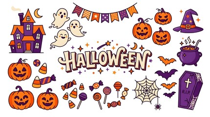 Fototapeta premium Halloween decorative elements set isolated on white background
