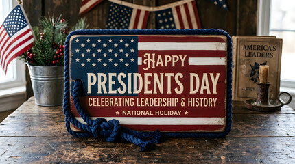 Happy presidents day sign on a rustic wooden table