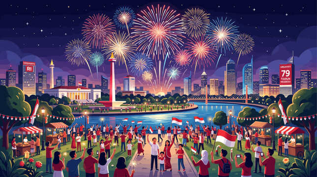 Colorful fireworks exploding above a city skyline at night with a crowd of people gathering in a park during a festive celebration