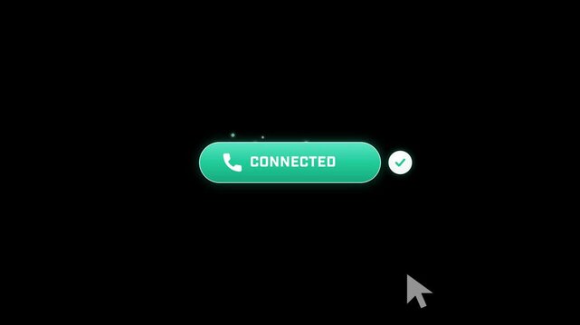 Animated call now button with phone handset icon tapped by cursor swapping azure blue to green connected state on black 4K luma key overlay