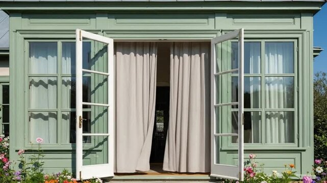  Exterior view of a charming pastel green house facade with wide open French windows and soft beige curtains, allowing natural light to flow through the interior