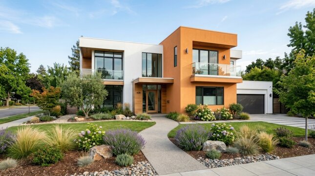 Exterior view of a modern house with white and orange walls in a sunny residential neighborhood