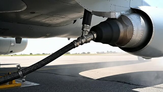 Close-Up View Of Heavy-Duty Fuel Hose Connected To The Underside Of An Aircraft On The Tarmac