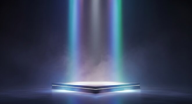 Empty product display podium with colorful light beams isolated on white background