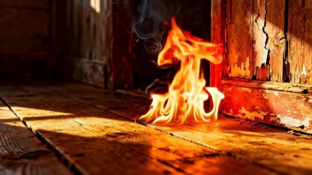 Fire burning on wooden floor