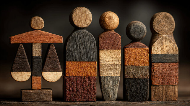 Business Ethics and Law Concept with Wooden Blocks and Human Figures - Minimalist and professional visual representing legal compliance fairness and ethical corporate practices