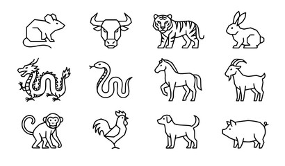 Fototapeta premium Chinese Horoscope Animals Vector EPS 10 Geometric Minimal Line Icon Collection