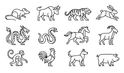 Fototapeta premium Chinese Zodiac Animal Collection Vector EPS 10 Minimalist Geometric Line Art Horoscope Set