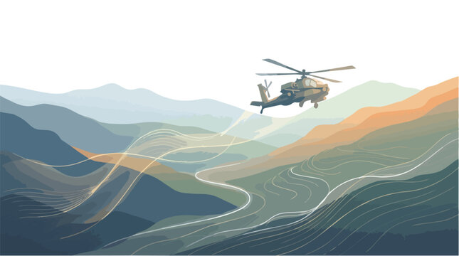 Military attack helicopter flying over mountainous terrain.