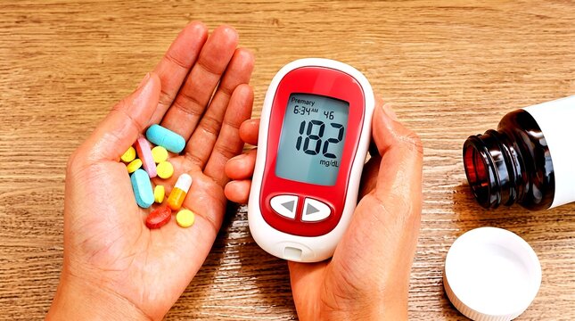 Top view of hands holding a digital glucometer device showing a high blood sugar level reading of 182 mg/dL alongside various colorful medical capsules over a wooden surface.