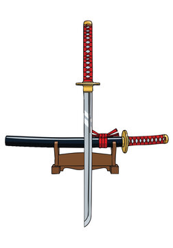 Japanese sword on stand.