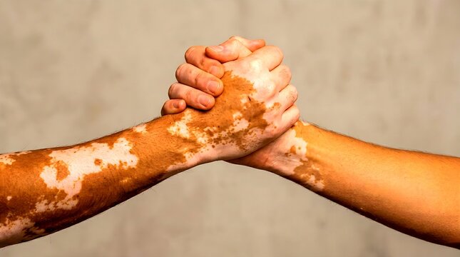 Two arms clasped together in a strong handshake grip, showcasing distinct vitiligo skin pigmentation patches, symbolizing unity, mutual support, diversity, and skin condition awareness.