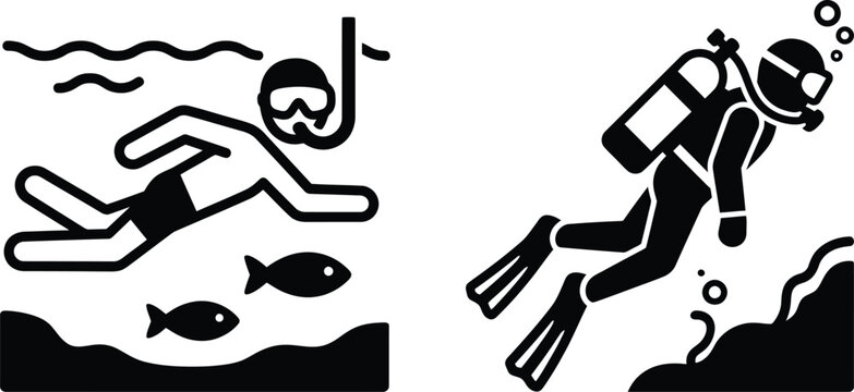 Snorkeling and scuba diving activity black icons on white background with snorkeling