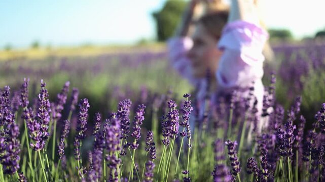 Young woman resting on purple flower lavender field.