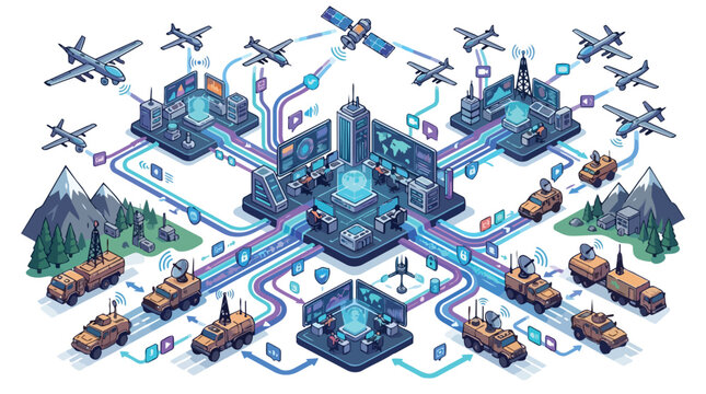 Isometric military command and control center digital network infrastructure.