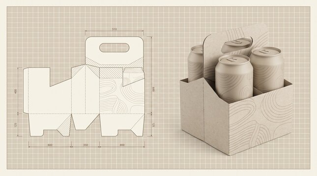 Cardboard 4-Pack Beverage Carrier Dieline and 3D Mockup Template