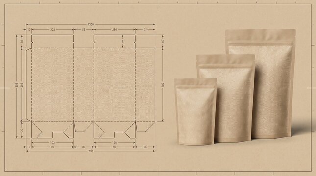 Kraft paper stand up pouch mockup with technical dieline blueprint