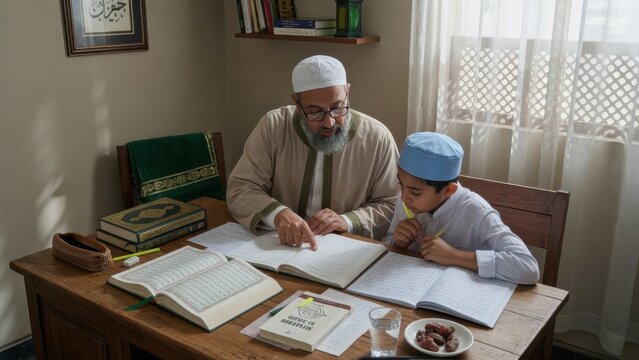 An elderly muslim teacher with a beard wearing a white cap instructs a young boy in a blue cap as they study traditional islamic religious texts together at a wooden table during the daytime hour