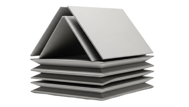 Stack of sleek silver laptops arranged in a triangular formation with open lids on transparent background