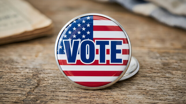 American flag pin button with the word vote on wood table