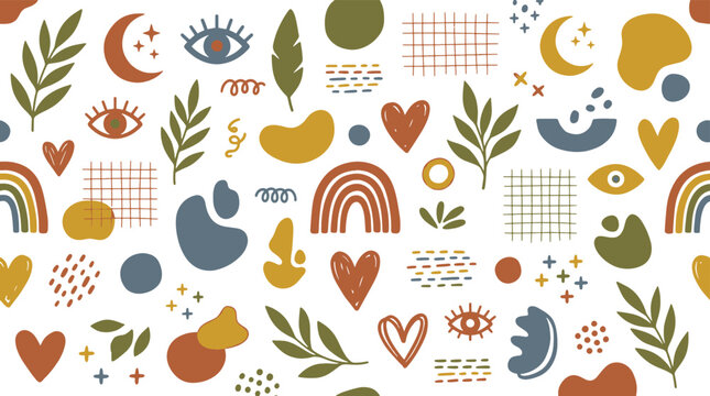 Seamless pattern of mystical boho elements including eyes moons hearts and rainbows with seamless mystical background abstract handdrawn wallpaper spiritual decorative illustration