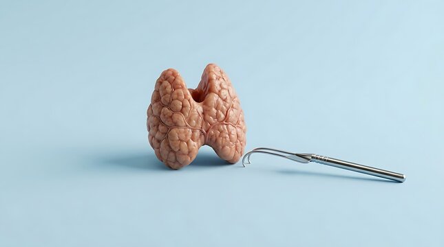 Human Thyroid Gland Model and Surgical Tool on Blue Background