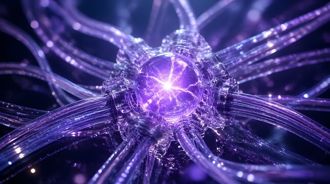 Futuristic Neural Network Processing Data with Glowing Purple Energy and Connections, Abstract Digital Concept for AI and Technology