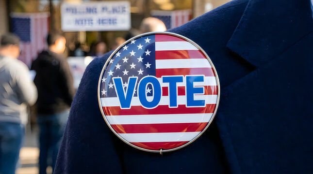 Vote button pin with american flag design on a jacket