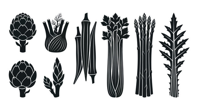 Flat vector icon set featuring six Mediterranean vegetables: Artichoke, Fennel bulb, Okra, Celery, Asparagus, Cardoon, monochrome solid silhouette,