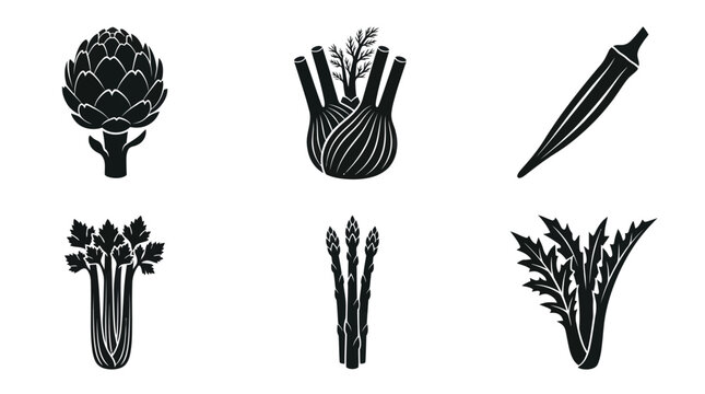 Flat vector icon set featuring six Mediterranean vegetables: Artichoke, Fennel bulb, Okra, Celery, Asparagus, Cardoon, monochrome solid silhouette,