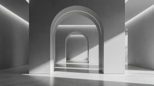 A grand interior perspective displays a series of symmetrical stone arches creating a sequence of connected halls where natural sunlight casts dramatic shadows across the polished marble floor su