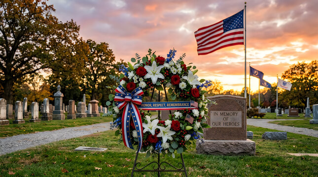 Memorial wreath at a cemetery with american flag at sunset