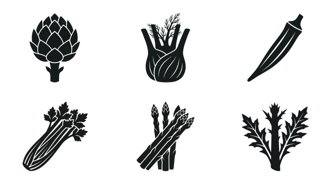 Flat vector icon set featuring six Mediterranean vegetables: Artichoke, Fennel bulb, Okra, Celery, Asparagus, Cardoon, monochrome solid silhouette,