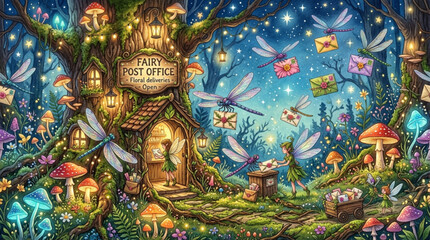Fototapeta premium Magical fairy post office in enchanted forest, dragonflies delivering mail, glowing mushrooms, whimsical fantasy scene, AI generated.