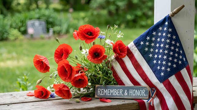 Red poppies and american flag for memorial day celebration