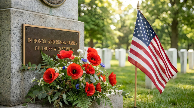 American flag and red poppies at a veteran memorial site