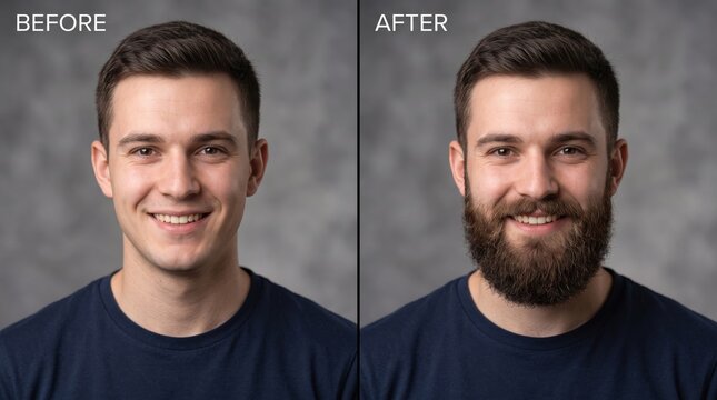 Before and after beard transformation comparison showing clean shaven and full beard grooming results