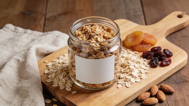 Granola Glass Jar Mockup with Blank Label on Wooden Kitchen Board