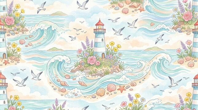Seamless watercolor pattern of lighthouses on floral islands with ocean waves, seagulls, and seashells. Soft pastel coastal background for wallpaper or fabric. AI Generated.