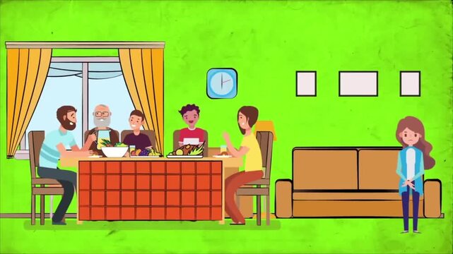 Large Family Having Dinner at Dining Table While Lonely Girl Stands Away, Inclusion or Isolation Concept, 2D Animated Scene