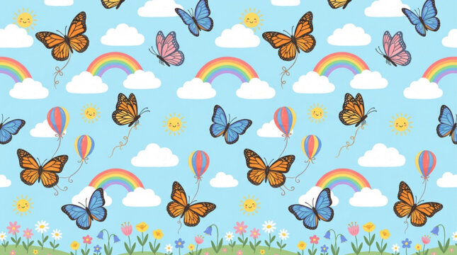 Seamless cartoon pattern featuring butterflies, rainbows, and smiling suns in a bright blue sky. Whimsical illustration for children's wallpaper and textile design.