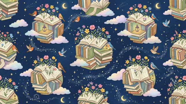 Seamless pattern of magical open books, flowers, and birds in a starry night sky. Whimsical storybook illustration with clouds and moons. AI generated.