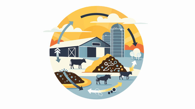 Farm illustration with barn silo and livestock.