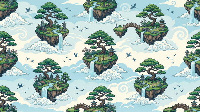 Seamless pixel art pattern of floating islands with bonsai trees, waterfalls, and pagodas. Zen fantasy landscape in a blue sky. AI Generated.