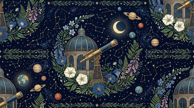 Vintage celestial illustration with observatory, telescope, planets, and botanical flowers. Dark night sky with constellations and moon. AI Generated.
