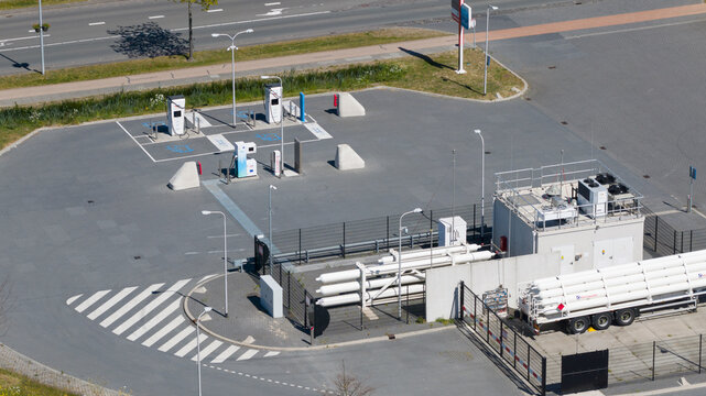 Utrecht, Netherlands - 29 April 2026: Aerial view of Hydrogen Refueling Station with Tube Trailer Supply